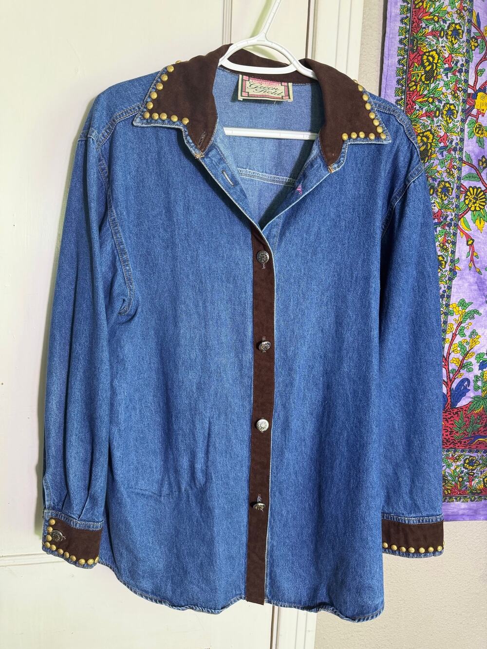 Vintage Green Field Womens Large Denim Western Shirt Concho Buttons USA Made